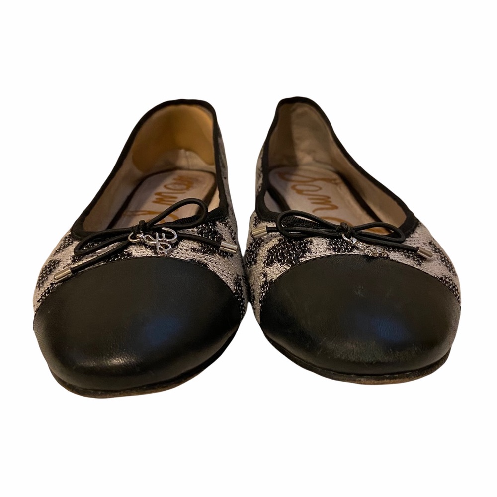 Sam Edelman Sara Size 8.5 Black Leather Captoe Leopard Print with Sequins Shoes